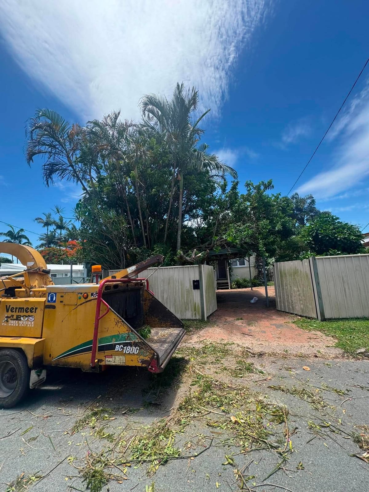 Wood chipper on the street during a palm removal job in a Brisbane suburb